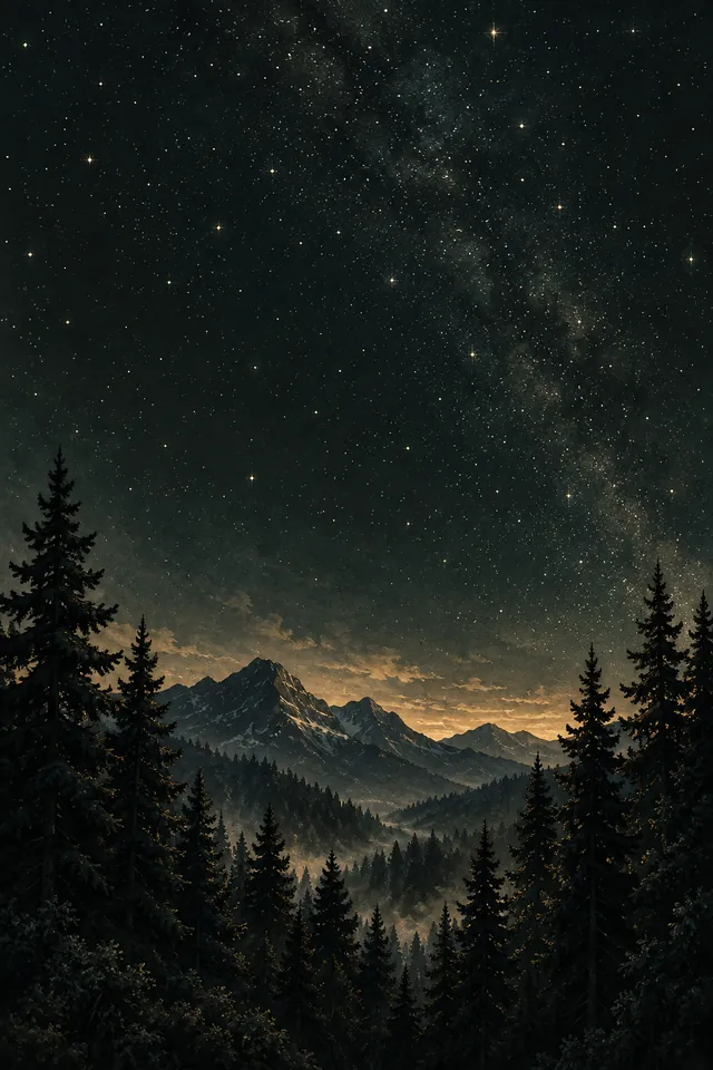 A quiet star-filled sky over evergreen forests and distant mountains