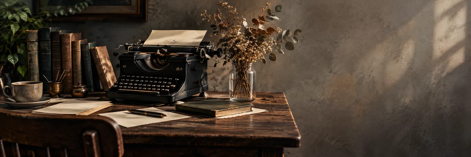An antique typewriter, books, and dried flowers on a warmly lit writing desk